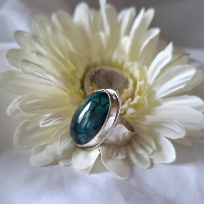 Blue Dragon Veins Silver Ring-χειροποίητο ασημένιο δαχτυλίδι με πέτρα αχάτη