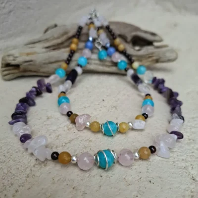Boho Harmony silver Necklace-Χειροποίητο ασημένιο κολιέ με ημιπολύτιμες πέτρες, δύο σειρών